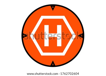 Red drone take-off and landing pad with cardinal point markings, isolated on a white background. High-visibility helipad icon for remotely-operated multicopter aircraft, unmanned aerial vehicles.