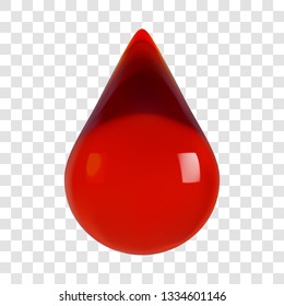 Red drop 3d realistic transparent droplet. Vector blood drop, beauty cosmetic serum essence