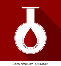 Red drop of blood in flask on a red background. Circled by a dotted line.