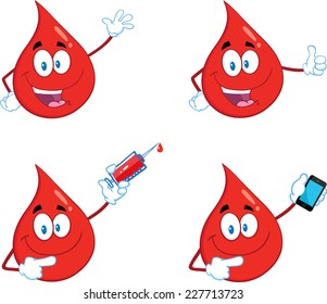 Red Drop Cartoon Mascot Character In Different Poses 5. Vector Collection Set