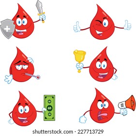 Red Drop Cartoon Mascot Character In Different Poses 6. Vector Collection Set