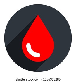 Red drop icon on circular icon. Blood sign in flat long shadow style. Vector illustration a graphic element for design