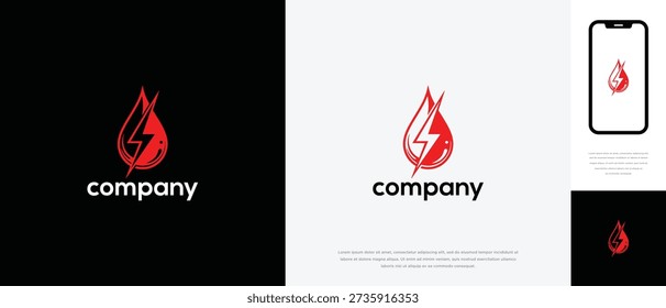 Red Drop Lightning Energy Logo Design - Modern Power  Fuel Brand Identity Template.