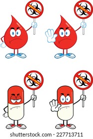 Red Drop And Pill Cartoon Characters With Ebola Stop Sign. Vector Collection Set