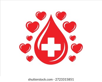 Gota roja con cruz blanca y corazones circundantes