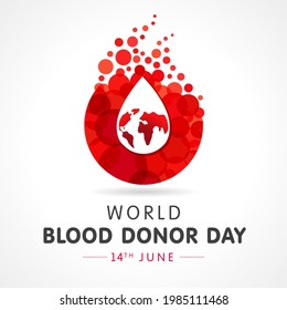 Caída roja con el mapa mundial del Día Mundial del Donante de Sangre, 14 de junio. Ilustración vectorial del concepto de sangre donada con forma de plasma de burbuja roja