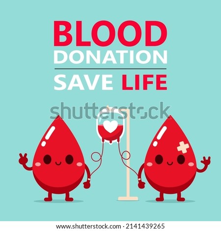 Red Drops donate blood bag to help wounded red. Save life. Vector illustration flat cartoon design. blood donation concept.