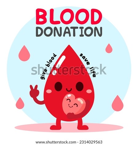 Red Drops hug a cute wound heart. Give blood to save a life. Vector illustration flat cartoon design. blood donation concept.