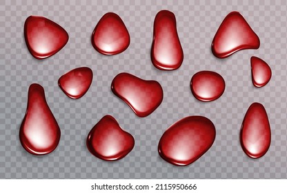 El rojo cae sobre un fondo transparente. Sangre, zumo de fresa o goteo de vino. Burbujas de refresco, cerveza o agua beben textura abstracta. Gotas acuáticas al azar, diseño 3d de derrame, ilustración vectorial realista