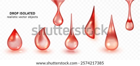 Red drops realistic isolated on transparent background. Vector liquid translucent drips of wine or blood, strawberry or cherry juice, fruit drink, cosmetic, oil, gel, vitamin