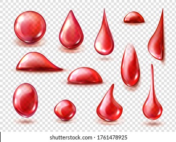 Red Drops Of Red Water, Wine Or Blood Isolated On Transparent Background. Vector Realistic Mockup Of Liquid Drips Of Strawberry Or Cherry Juice, Fruit Drink, Clear Ruby Bubbles