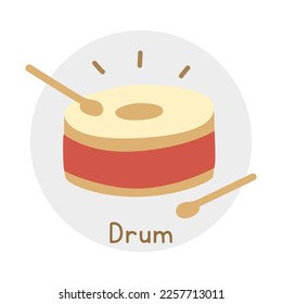 Red drum clipart cartoon style. Simple cute wooden drum and drum sticks percussion musical instrument flat vector illustration. Percussion instrument hand drawn doodle. Classical drum vector design