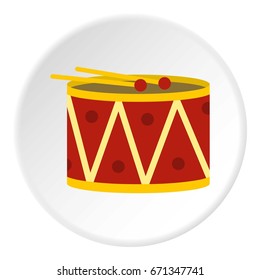 Red drum and drumsticks icon in flat circle isolated vector illustration for web