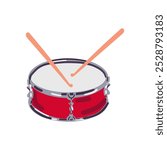 Red drum flat vector design. Drum and sticks flat style vector illustration isolated on white background. Drum clipart. Musical instrument. Drum flat vector illustration.