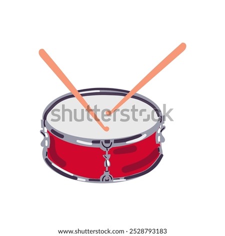 Red drum flat vector design. Drum and sticks flat style vector illustration isolated on white background. Drum clipart. Musical instrument. Drum flat vector illustration.