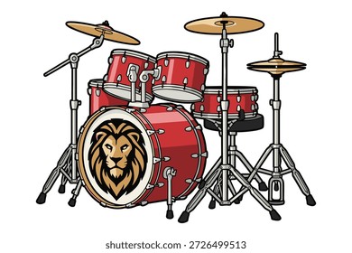 Red drum kit with lion emblem, musical instrument, percussion, studio, performance, concert, rock, jazz