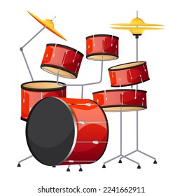 Red drum set isolated on wgite backgorund. Drumming kit flat style. Drum set with brass metal cymbals musical instrument. Percussion instruments family. Equipment for rock concert. Vector illustration