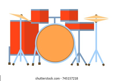 Red drum set on white background bass tom-tom ride cymbal crash hi-hat snare stands Flat design Vector Illustration EPS
