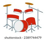 Red drum set vector design. Drum kit flat style vector illustration isolated on white. Concert installation with Percussion instruments family. Cartoon Clip art, Design element for Drummer day Card