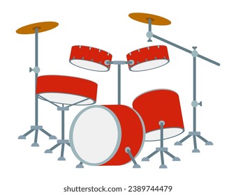 Red drum set vector design. Drum kit flat style vector illustration isolated on white. Concert installation with Percussion instruments family. Cartoon Clip art, Design element for Drummer day Card