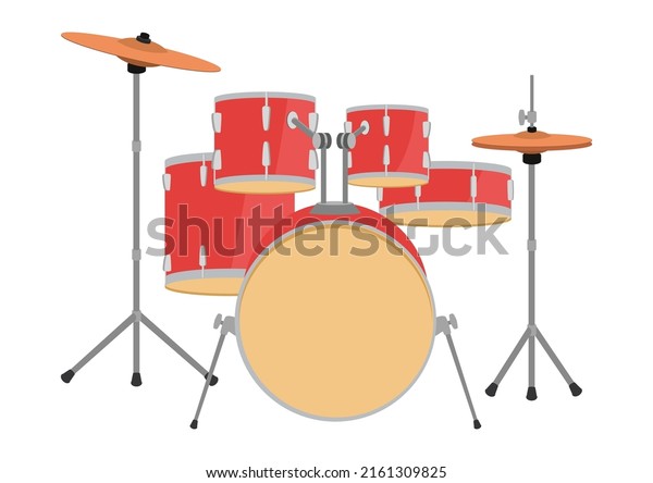 Red drum set vector design. Drum kit flat style\
vector illustration isolated on white background. Drum set with\
cymbals musical instruments. Drum set clipart. Percussion\
instruments family