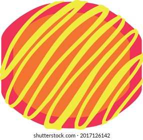 Red drum shaped chocolate candy with orange centre and yellow piped decorative topping. Layered confectionery SVG svg
