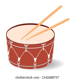 Red drum with drum sticks. Flat design, vector illustation isolated on white background.