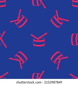 Red Drum with drum sticks icon isolated seamless pattern on blue background. Music sign. Musical instrument symbol.  Vector