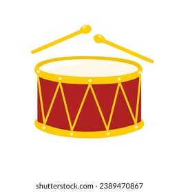 Red drum with sticks isolated on white background. Musical instrument in cartoon style.  Vector illustration