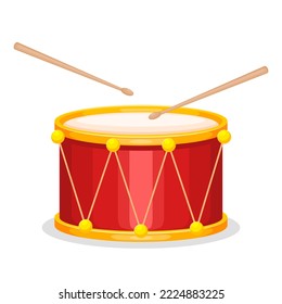 Red drum and wooden drumsticks. Musical instrument, drum machine.
Vector illustration cartoon flat icon isolated on white background.