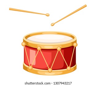 Tambor rojo y palos de tambor de madera. Instrumento musical, batería. Ilustración vectorial plana aislada en fondo blanco.