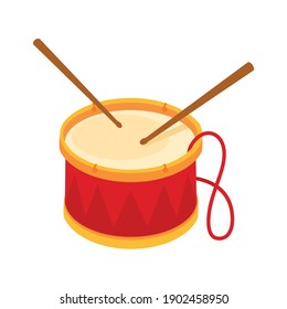 Red drum and wooden drum sticks. Musical instrument, drum machine. Vector illustration isolated on white background.