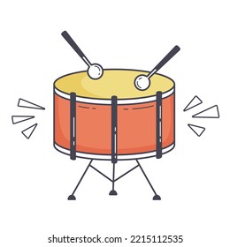 Red drum and wooden drum sticks. Musical instrument. Flat vector illustration isolated on white background.