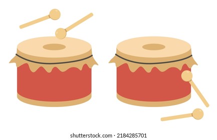 Red Drum And Wooden Drum Sticks Vector Design. Simple Big Drum Flat Style Illustration Isolated On White. Percussion Family Musical Instrument Cartoon Style. Chinese Lion Dance Concept