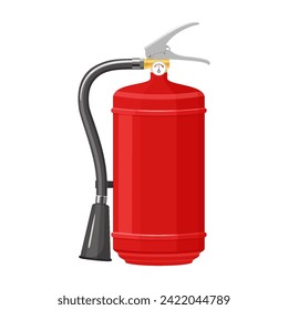 Extinguidor de fuego en polvo seco rojo con boquilla aislada sobre fondo blanco. Equipo portátil de extinción de incendios del departamento de bomberos. Herramienta o instrumento profesional. Ilustración vectorial 3D realista