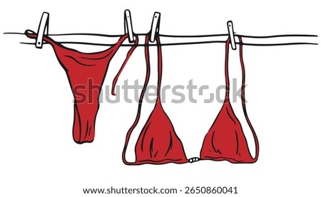 Red drying swimsuit hanging on a rope.  Bra and panties underwear laundry on the clothesline, summer beach bikini linocut doodle. Italian summer vacation doodle style illustrations.