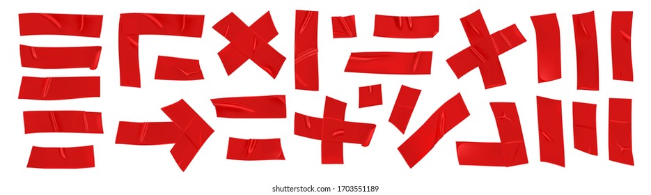 Red duct repair tape set isolated on white background. Realistic red adhesive tape pieces for fixing. Scotch arrow, cross, corner and paper glued. Realistic 3d vector illustration