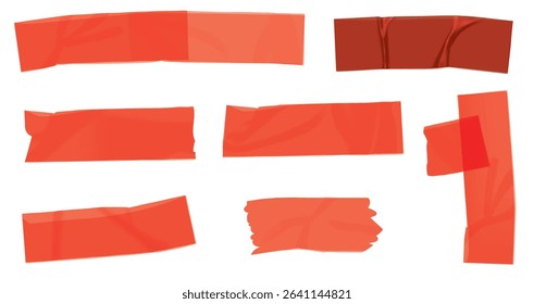 Red duct tape. Scotch glued stripe for repair packaging, adhesive sticker insulating patch crumpled strips sticky color paper plastic tapes, realistic now day vector illustration of sticker tape label