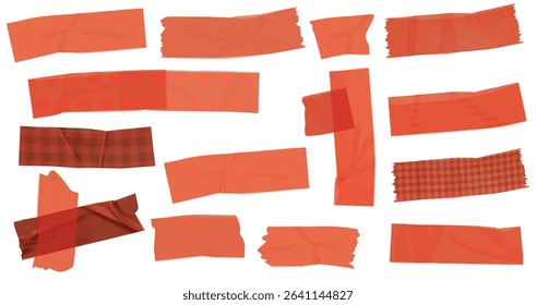 Red duct tape. Scotch glued stripe for repair packaging, adhesive sticker insulating patch crumpled strips sticky color paper plastic tapes, realistic now day vector illustration of sticker tape label