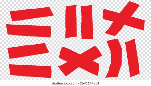 Red duct tape. Scotch glued stripe for repair packaging, adhesive sticker insulating patch crumpled strips sticky color paper plastic tapes, realistic now day vector illustration of sticker tape label
