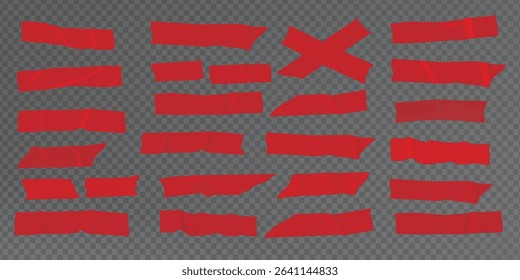 Red duct tape. Scotch glued stripe for repair packaging, adhesive sticker insulating patch crumpled strips sticky color paper plastic tapes, realistic now day vector illustration of sticker tape label