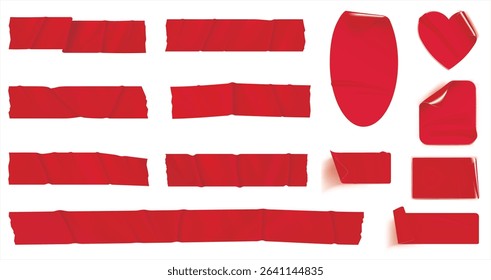 Red duct tape. Scotch glued stripe for repair packaging, adhesive sticker insulating patch crumpled strips sticky color paper plastic tapes, realistic now day vector illustration of sticker tape label