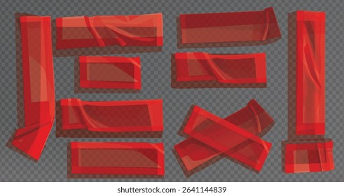 Red duct tape. Scotch glued stripe for repair packaging, adhesive sticker insulating patch crumpled strips sticky color paper plastic tapes, realistic now day vector illustration of sticker tape label