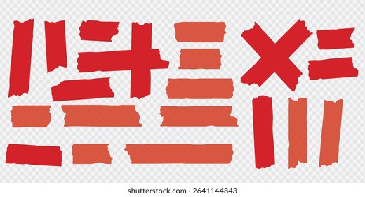 Red duct tape. Scotch glued stripe for repair packaging, adhesive sticker insulating patch crumpled strips sticky color paper plastic tapes, realistic now day vector illustration of sticker tape label