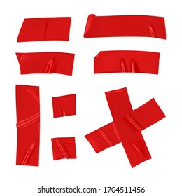 Red duct tape set. Realistic red adhesive tape pieces for fixing isolated on white background. Scotch cross and paper glued. Realistic 3d vector illustration