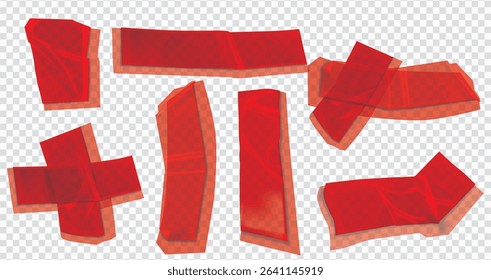  red duct tape set. Torn tape. Vector realistic wrinkled stripes and cross glued sticky adhesive masking tape pieces. Isolated on transparent background, Red Sticky scotch tape of different sizes.