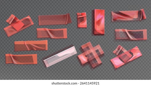  red duct tape set. Torn tape. Vector realistic wrinkled stripes and cross glued sticky adhesive masking tape pieces. Isolated on transparent background, Red Sticky scotch tape of different sizes.