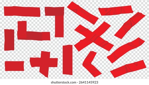  red duct tape set. Torn tape. Vector realistic wrinkled stripes and cross glued sticky adhesive masking tape pieces. Isolated on transparent background, Red Sticky scotch tape of different sizes.
