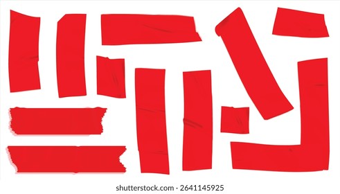  red duct tape set. Torn tape. Vector realistic wrinkled stripes and cross glued sticky adhesive masking tape pieces. Isolated on transparent background, Red Sticky scotch tape of different sizes.