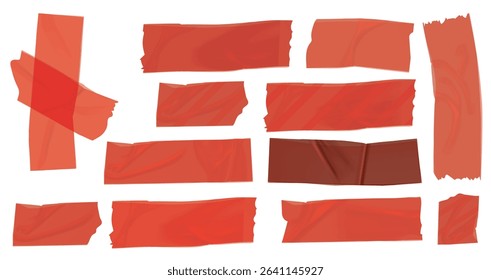  red duct tape set. Torn tape. Vector realistic wrinkled stripes and cross glued sticky adhesive masking tape pieces. Isolated on transparent background, Red Sticky scotch tape of different sizes.